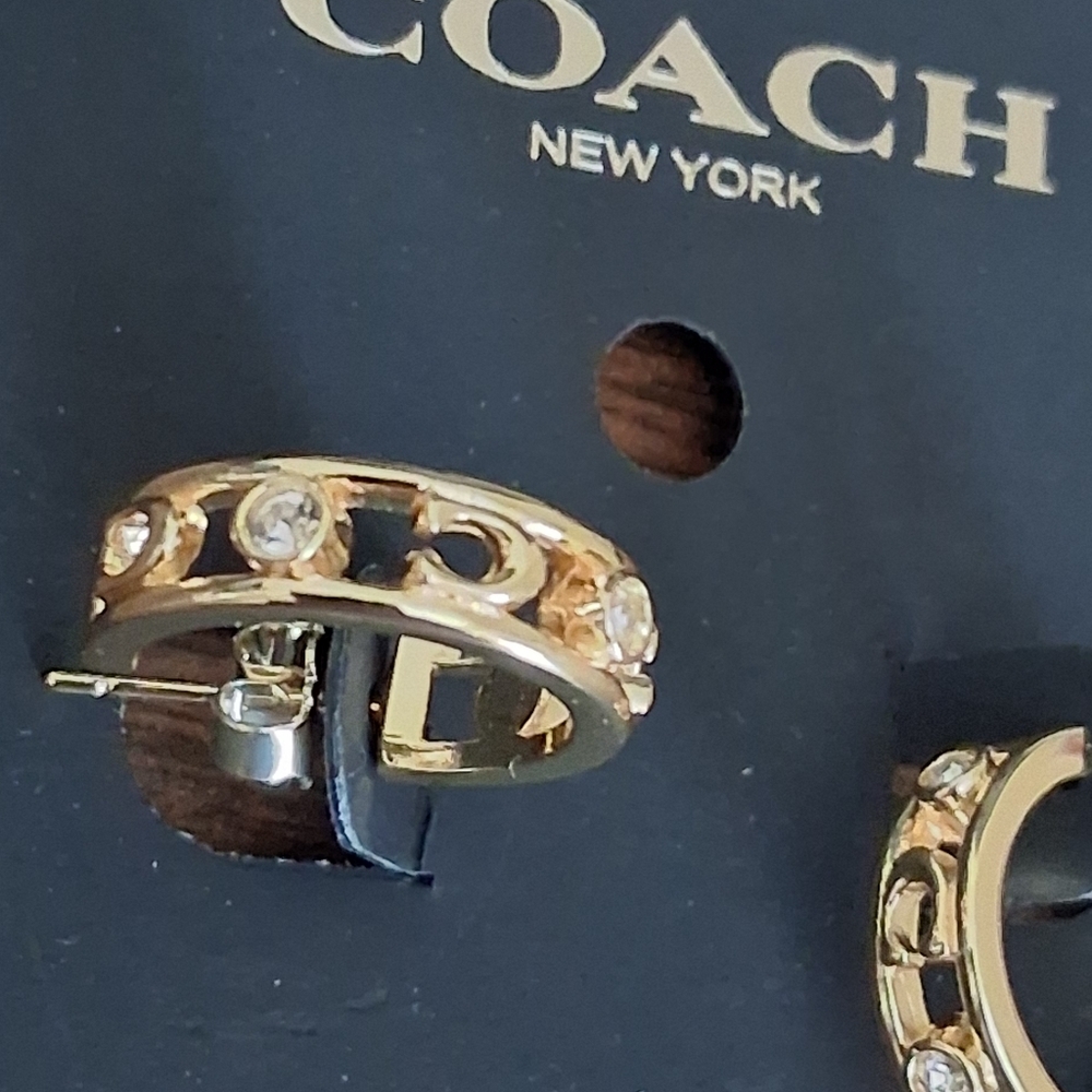 Coach Gold Embellished Signature "C" Logo Hoop Earrings With Crystal Accents NWT - Picture 2 of 10